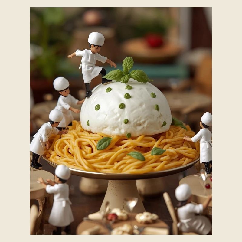 Miniature cooks on pasta table