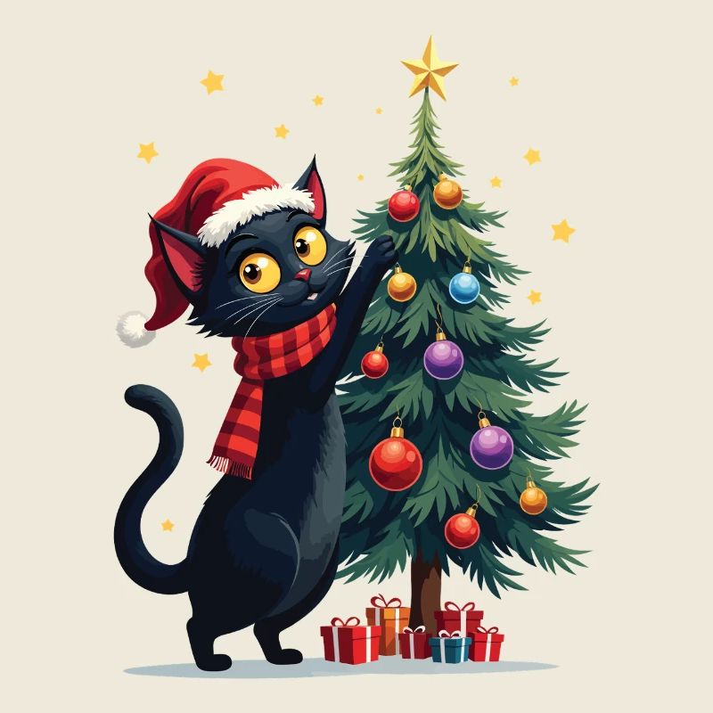 Chat noir et sapin de Noël