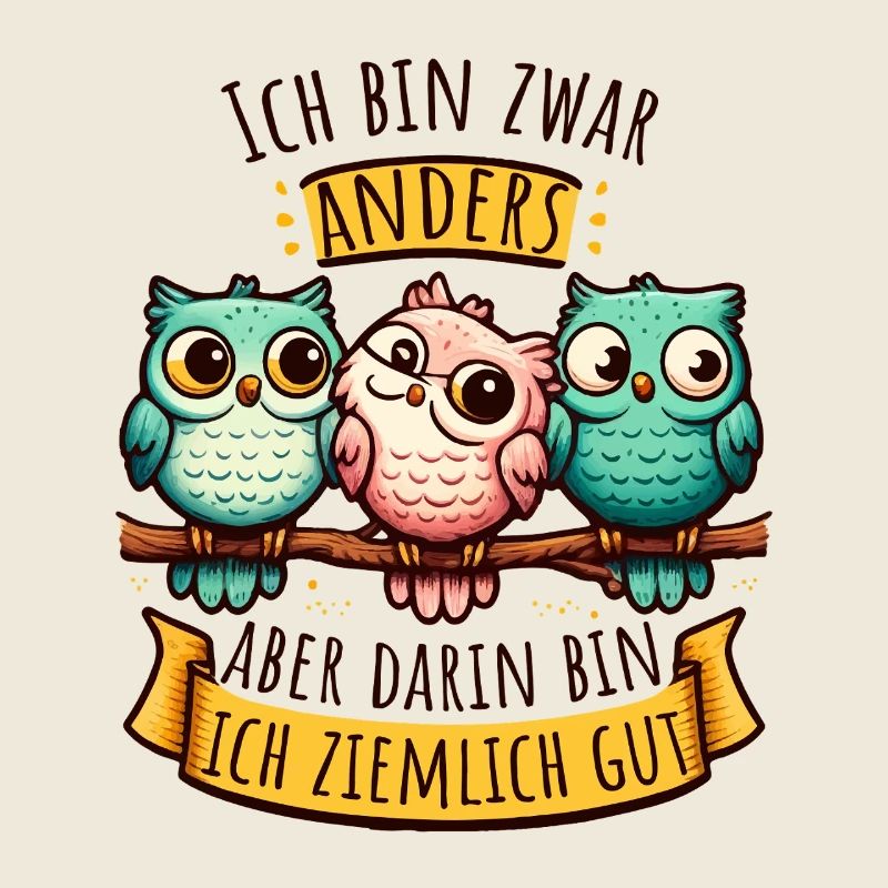 Anderssein Spruch mit bunten Eulen