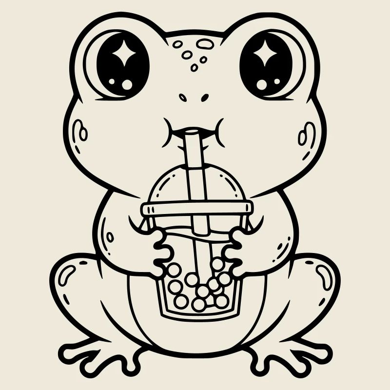 Cute Frog with Bubble Tea Line Art Design