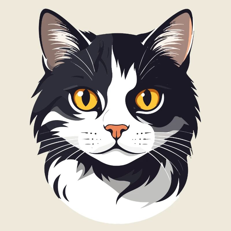 Graphique tête de chat noire et blanche, yeux dorés mignons de chat