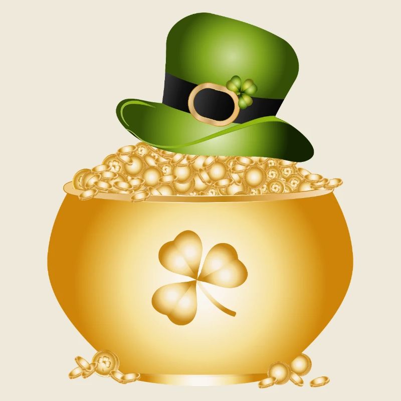 Pot doré avec trèfle et chapeau vert