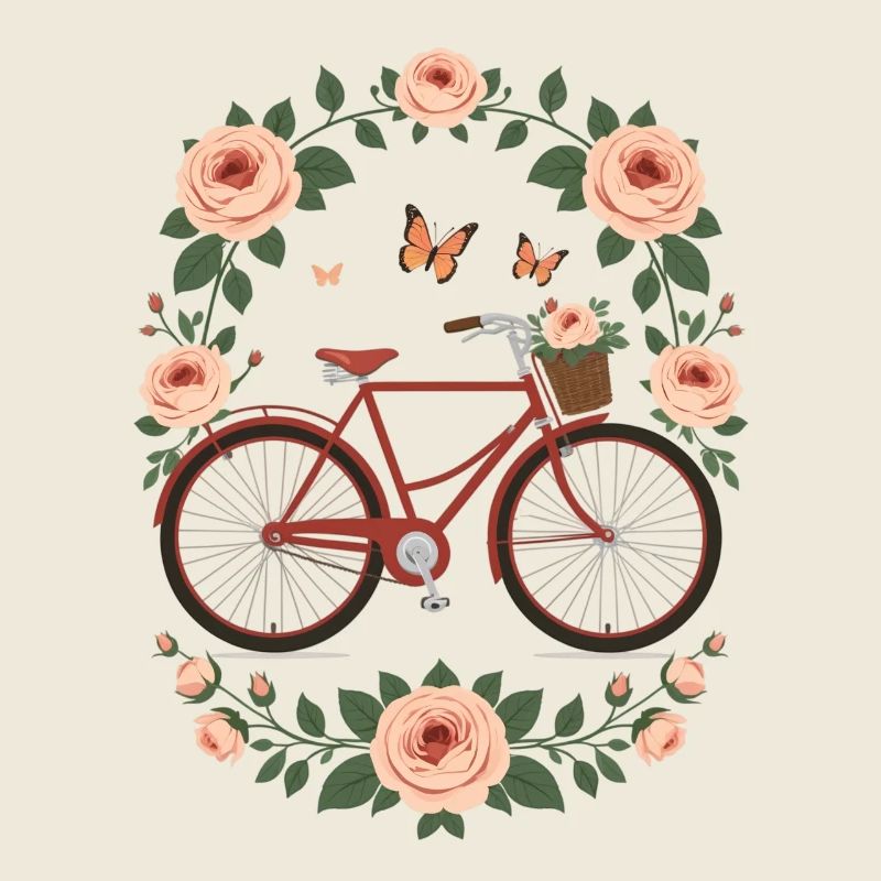 Red bicycle in the rose garden