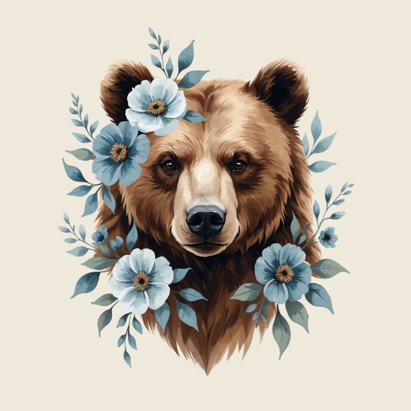Ours avec cadre de fleurs bleues