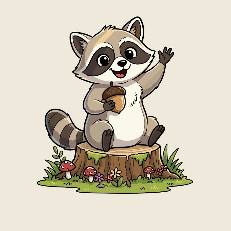 Waschbär am Waldbank mit Eichel