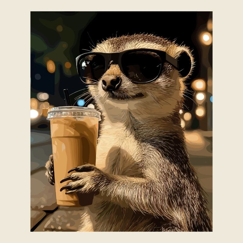 Suricate avec lunettes de soleil et café