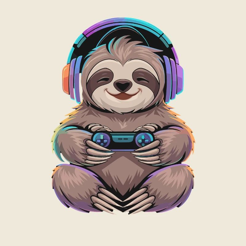 Sloth Gamer With Controller And Colorful