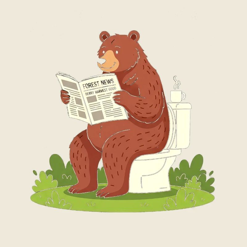 Bear reads newspaper on toilet