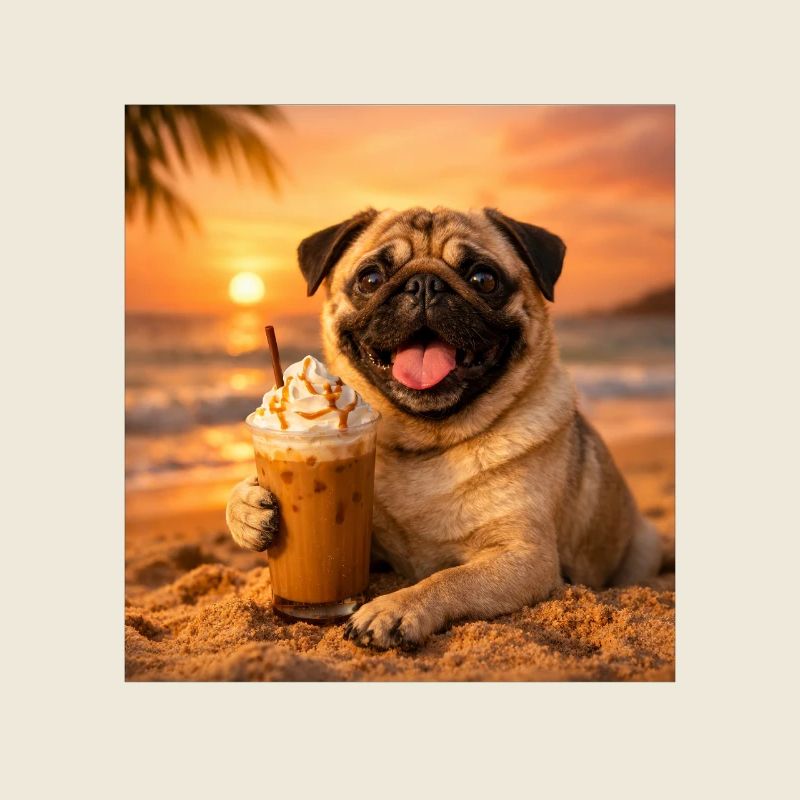 Funny Pug Summer Beach Coffee Sunset Meme