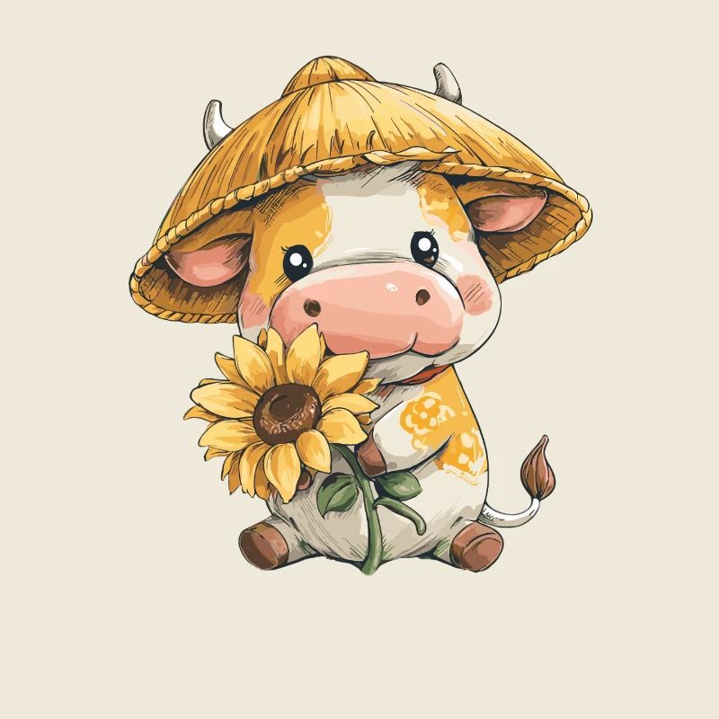Cow with sunflower and straw hat