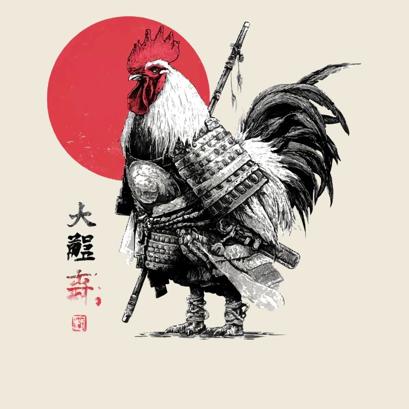 Coq de samouraï en armure sous le soleil rouge