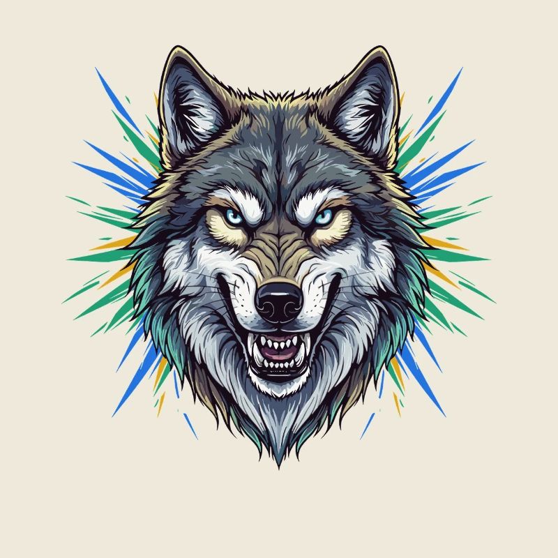Wolfskopf mit bunten Strahlen