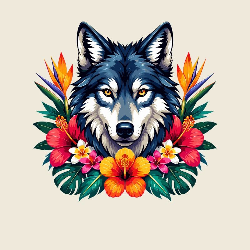 Wolfskopf mit Tropenblumen