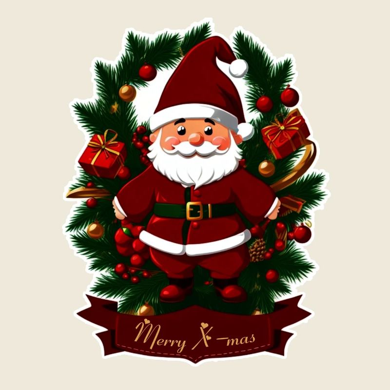 Sticker Weihnachtsmann umrahmt von Tannenzweigen