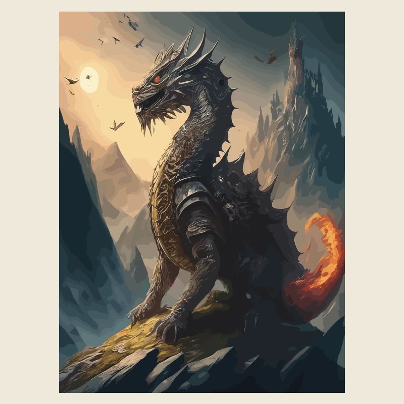 Guerrier Dragon Noir Rouge Illustration