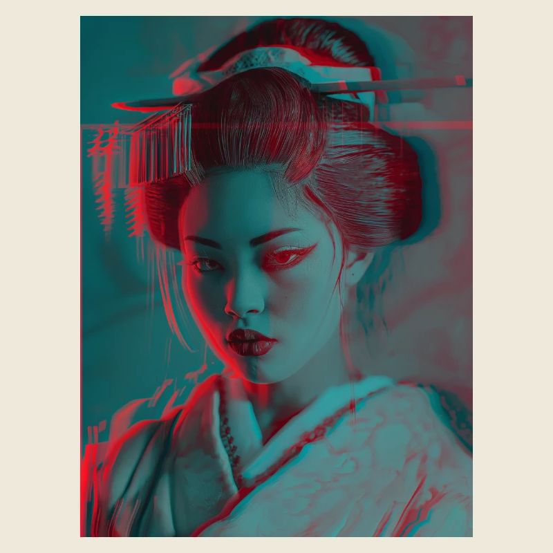 Portrait néon de geisha glitch