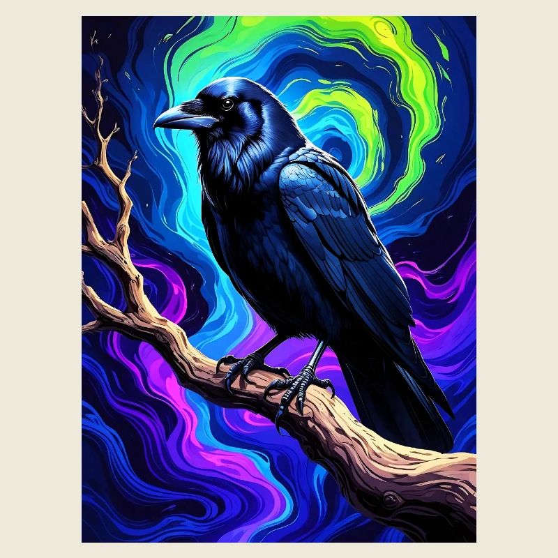 Vivid Black Crow Art on Psychedelic Background