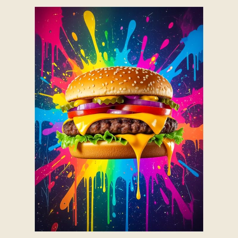 Saftiger Cheeseburger, der in kräftiger Neonfarbe glänzt