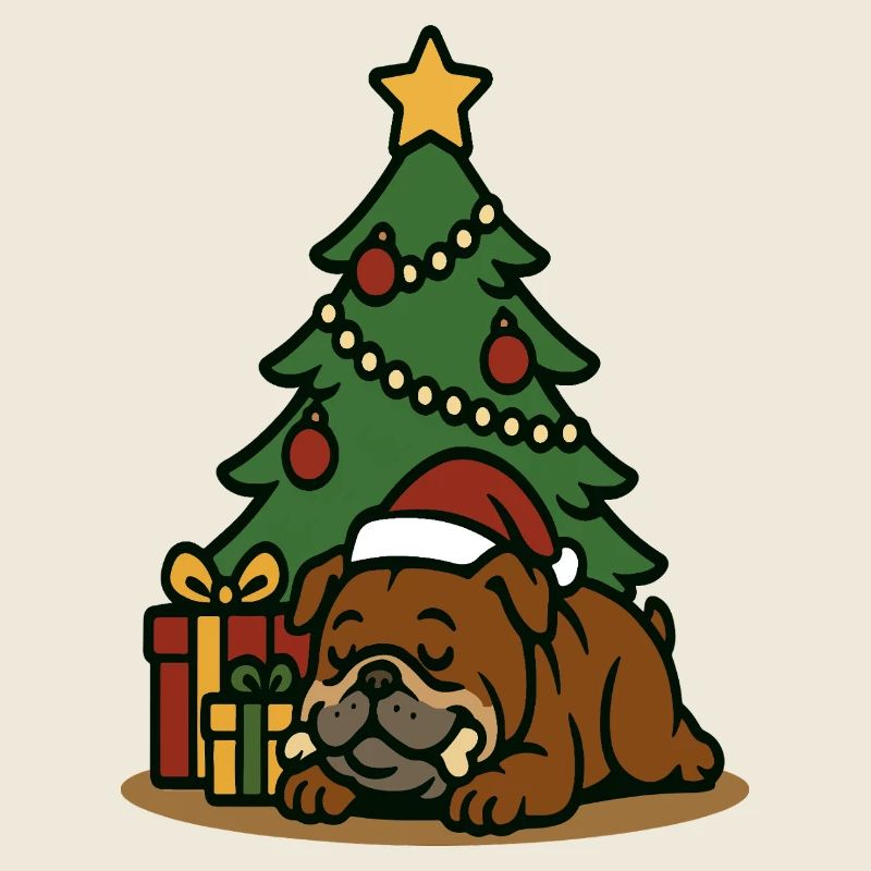 Christmas Bulldog Sleeping by Tree Art