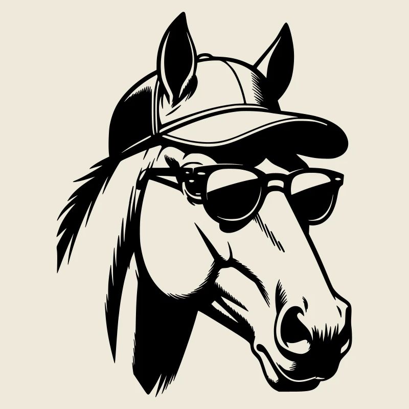 Tête de cheval avec lunettes de soleil et casquette de baseball