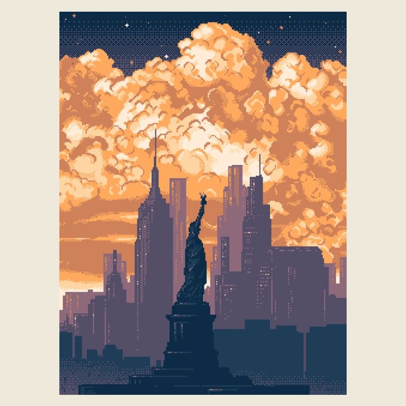 Statue rétro en pixel art de la Liberté