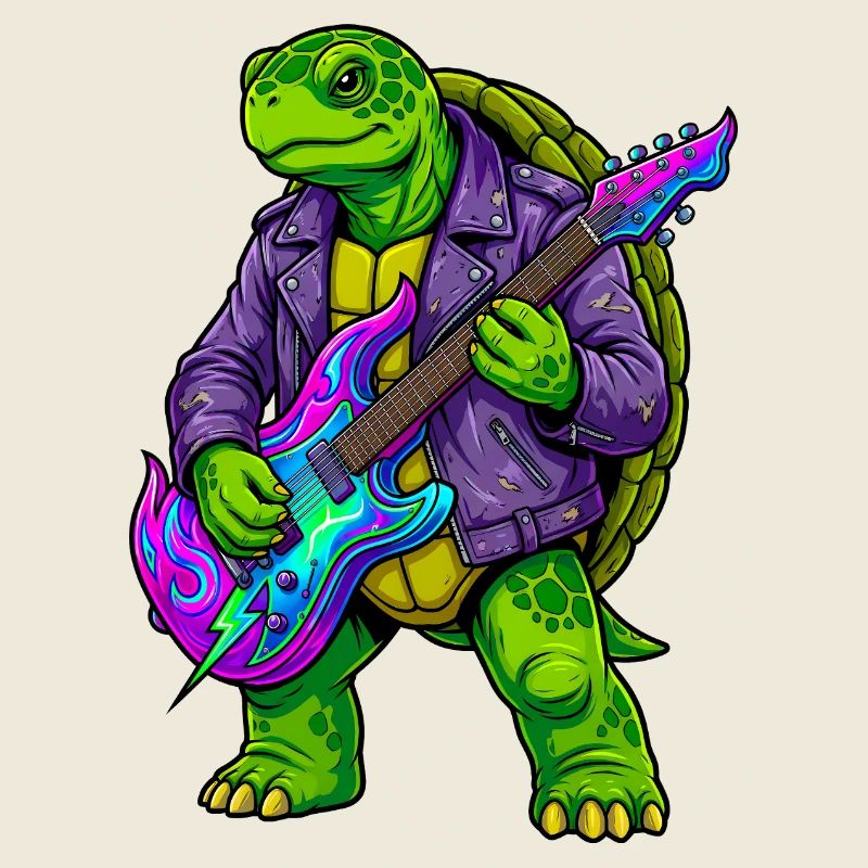 Turtle with jacket and neon electric guitar