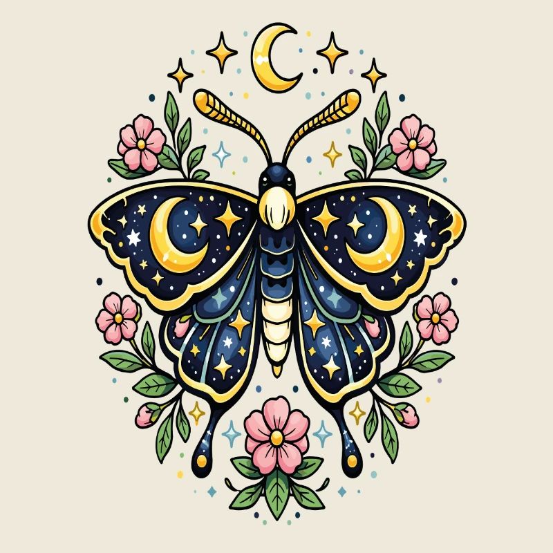 Papillon céleste lune fleurs étoiles