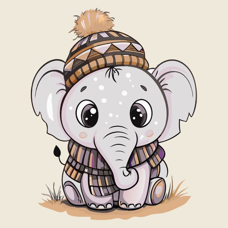 Éléphant mignon avec écharpe et chapeau à pompon.