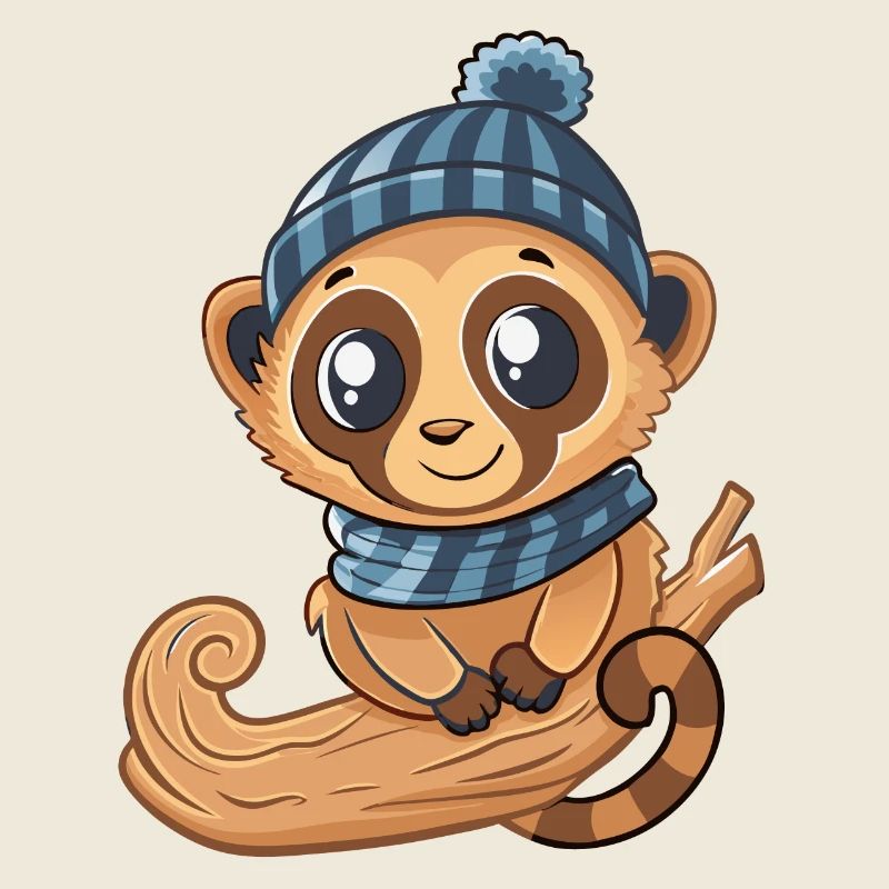 Mignon lémurien avec écharpe et chapeau à pompon.