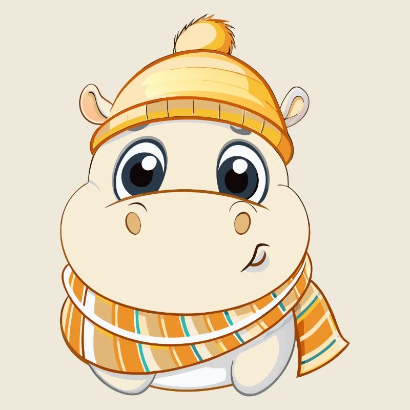 Hippopotame mignon avec écharpe et chapeau à pompon.
