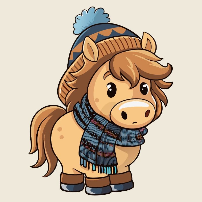 Poney mignon avec écharpe et chapeau à pompon.