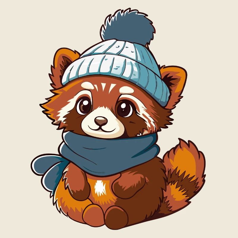 Mignon panda roux avec écharpe et chapeau à pompon.