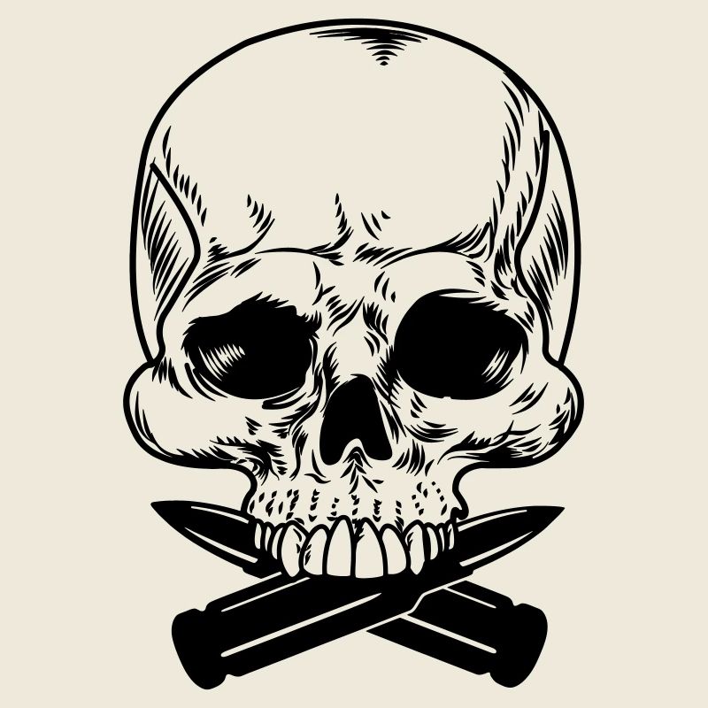 Skull with two bullets crossed under the teeth