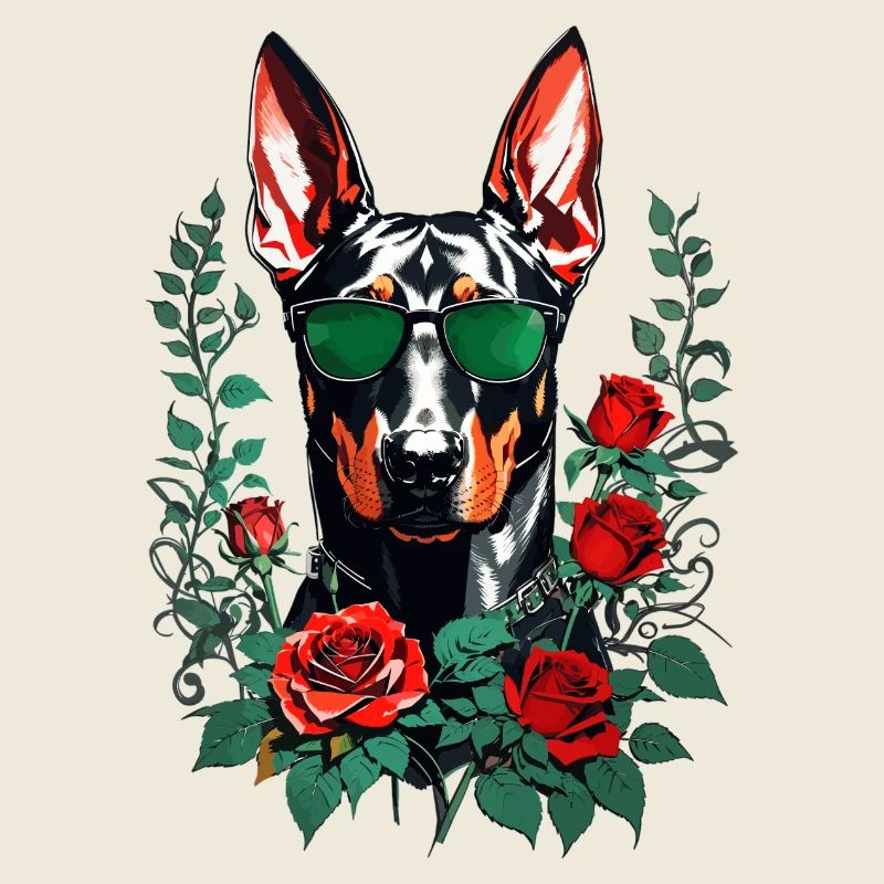 Dobermann mit Rosen