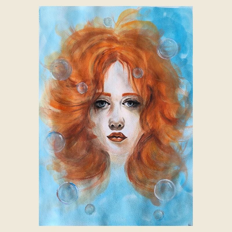 Redhead Woman Portrait Mermaid with Bubbles