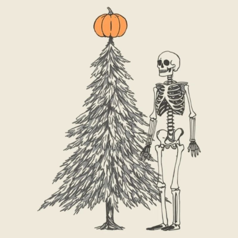 skeleton next to christmas tree