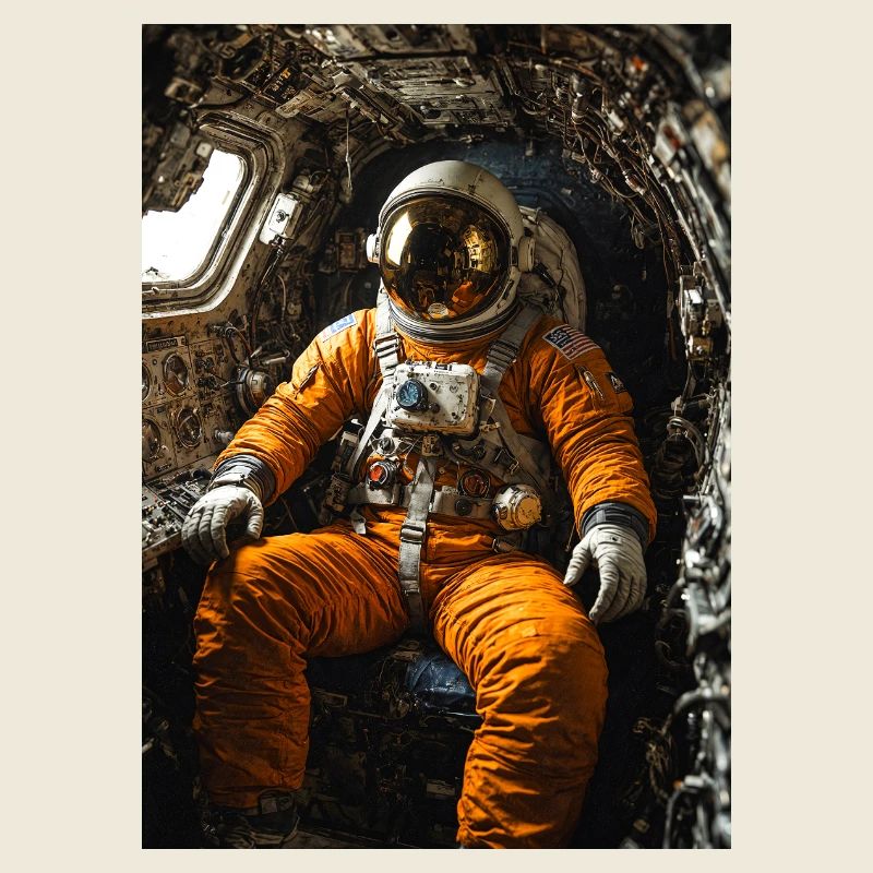 Astronaute en combinaison orange à l’intérieur de la capsule