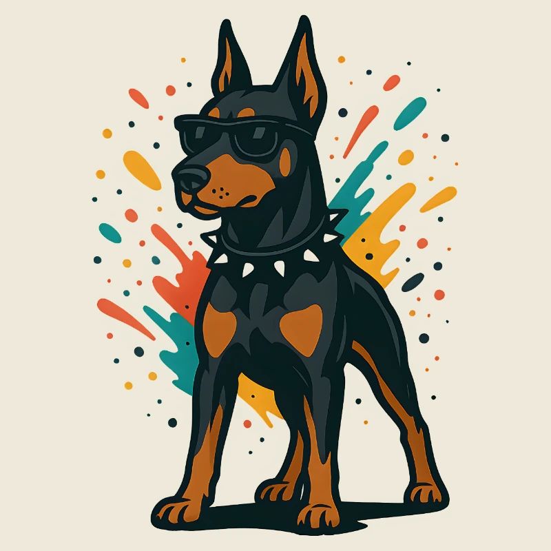 Dobermann Hund in buntem Splash