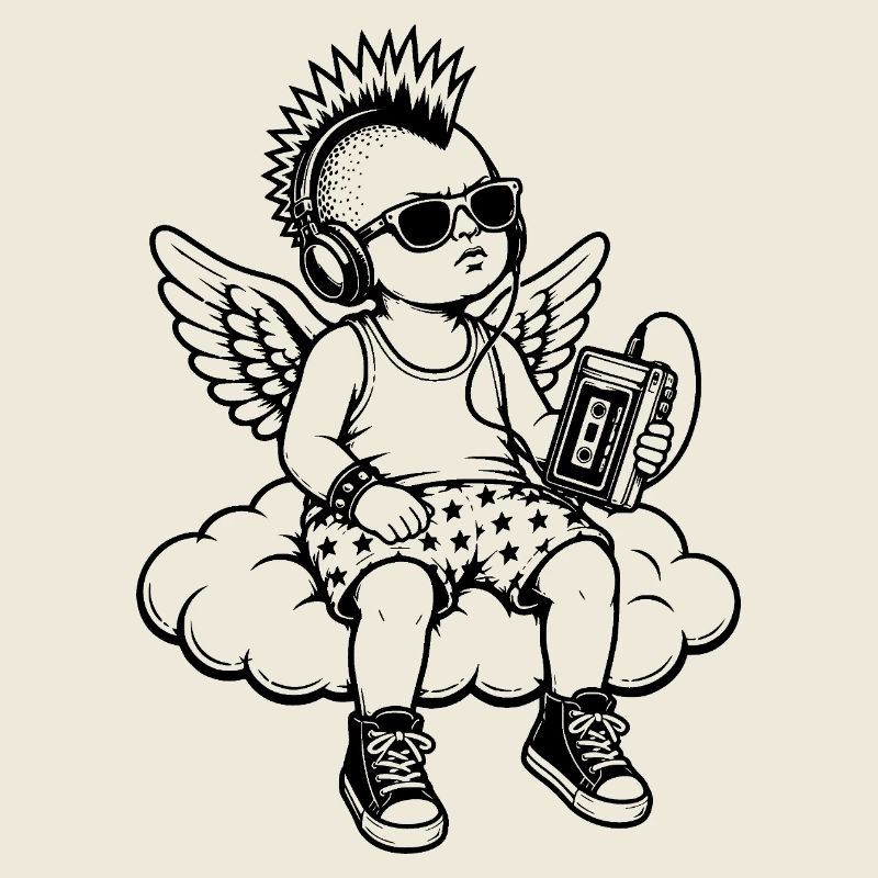 Punk Cherub mit Walkman auf Wolke