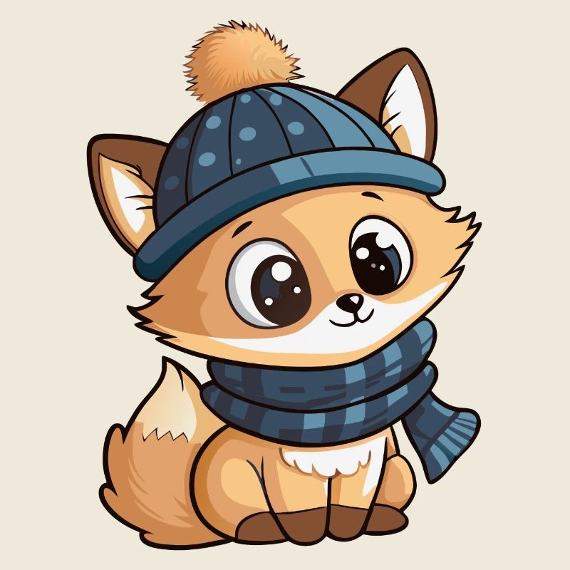 Renard mignon avec écharpe et chapeau à pompon.