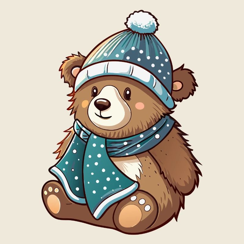 Ours mignon avec écharpe et chapeau à pompon.