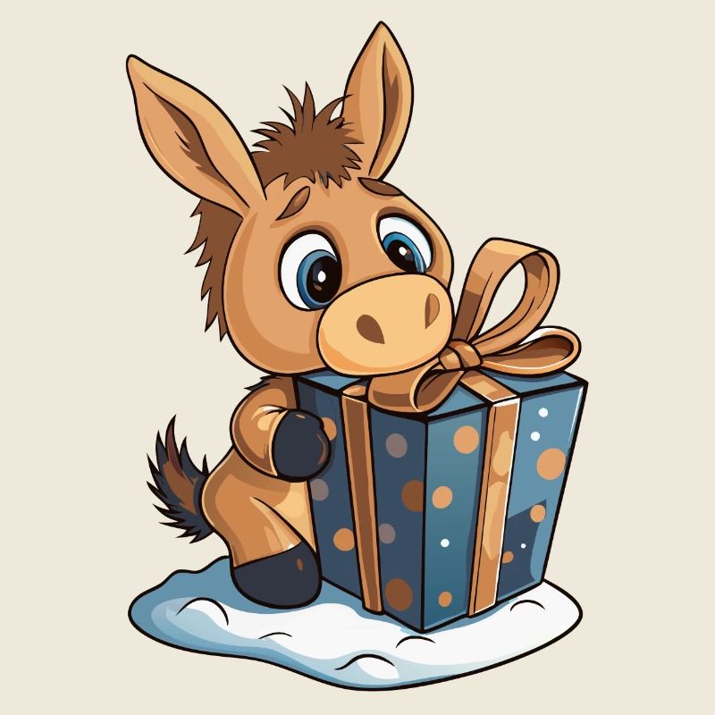 Cute donkey unwrapping gift