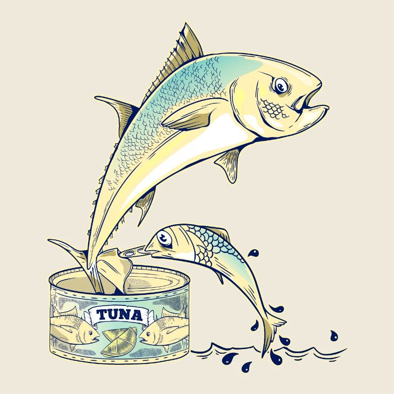 Thunfisch, der einer Blechdose entkommt