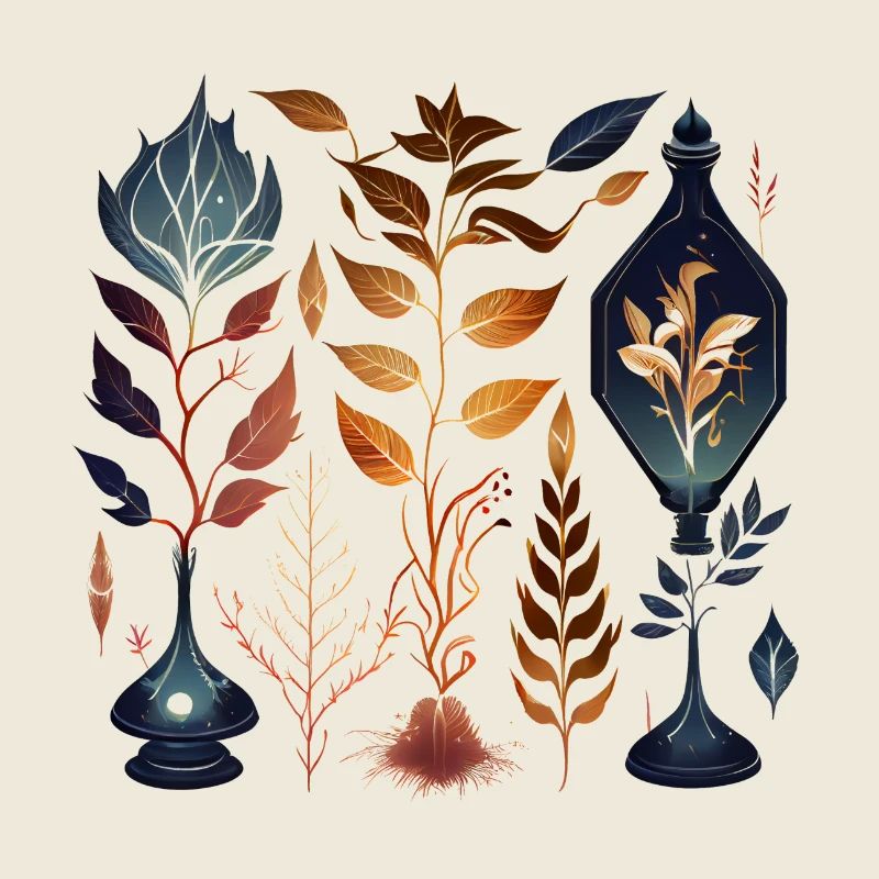 Herbier magique avec plantes, feuilles, filets