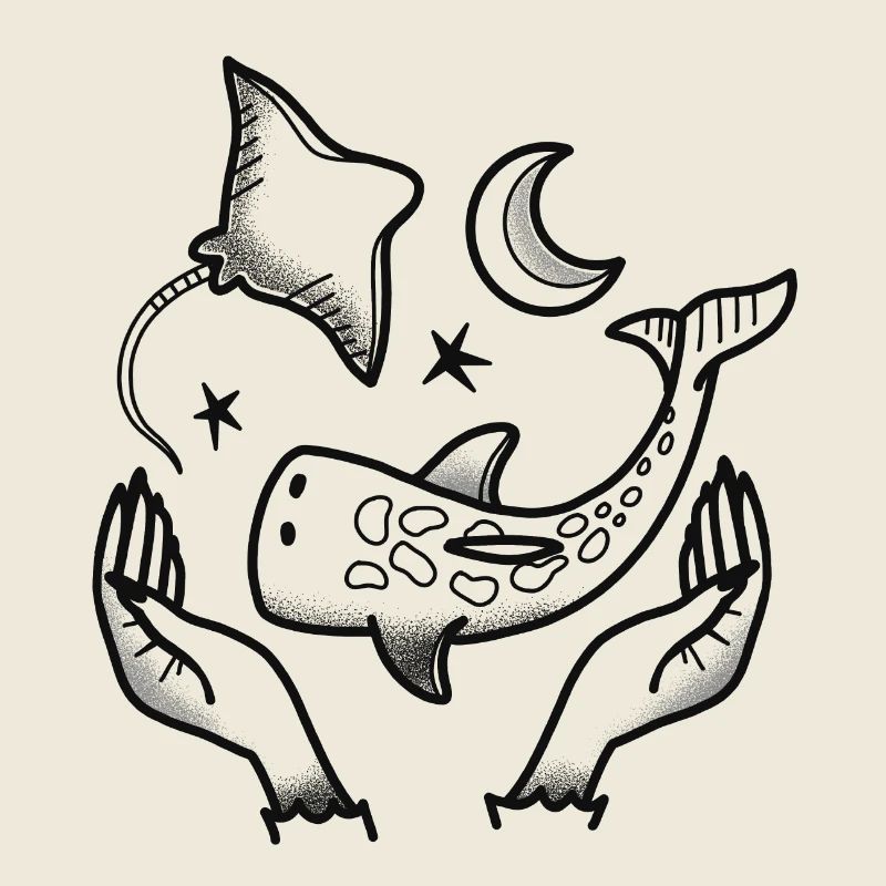 Witchcore Tattoo style Hands, Whale shark stingray