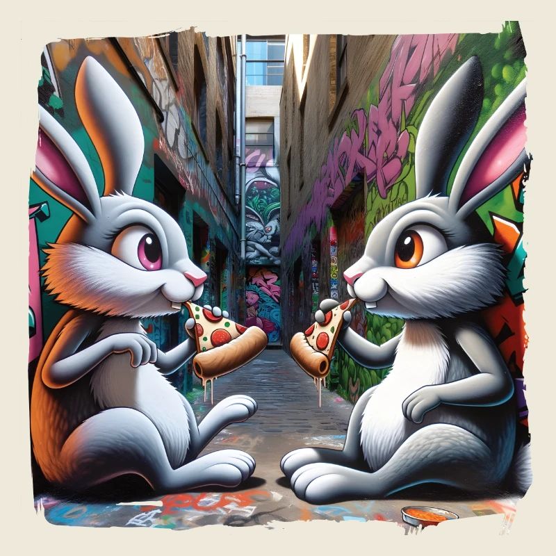 Lapins mangeant de la pizza dans l’art de rue de l’arrière-cour graffiti