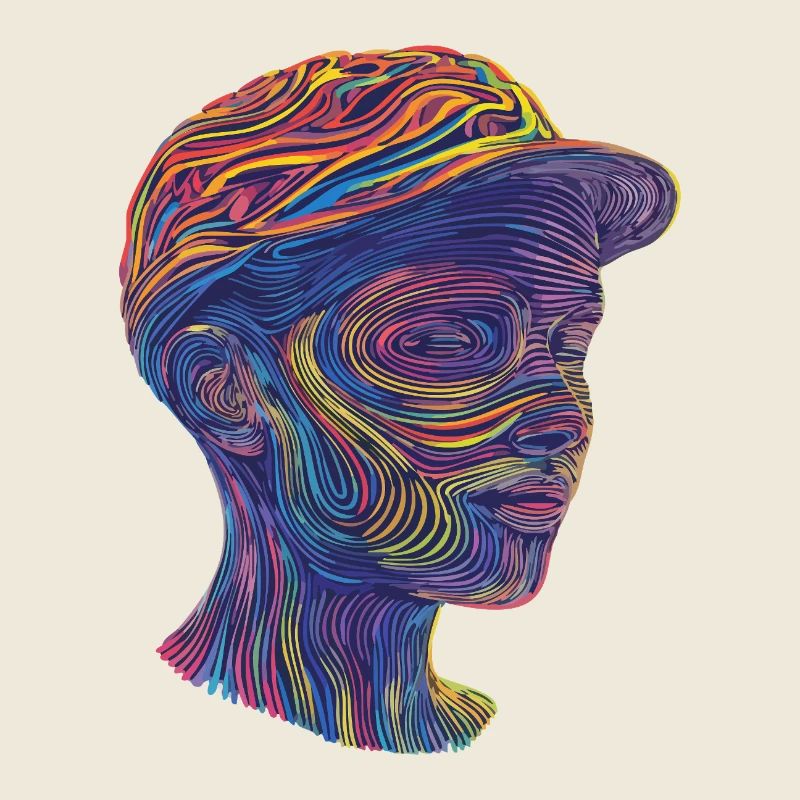 Portrait abstrait aux lignes colorées.