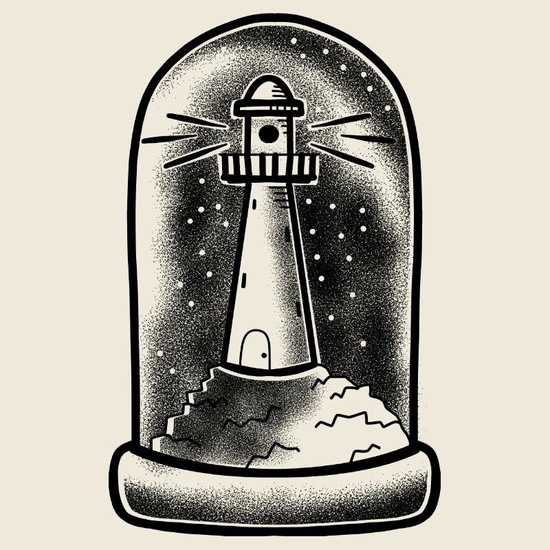 Tattoo style Lighthouse in a Tall Glass dome