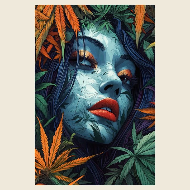 Neon leaf portrait with red lips