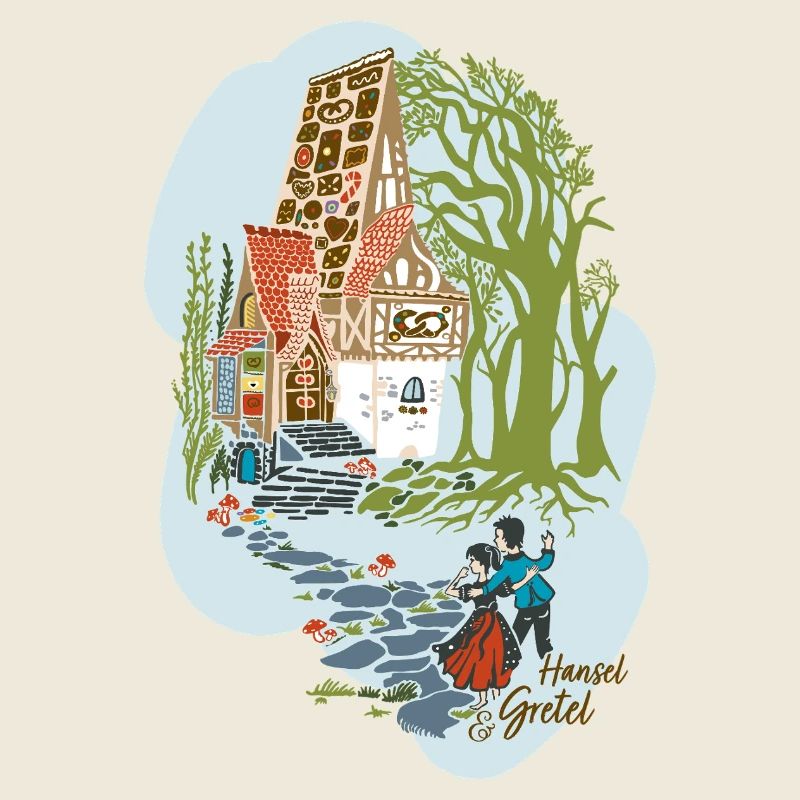 Hansel et Gretel devant la maison de la sorcière